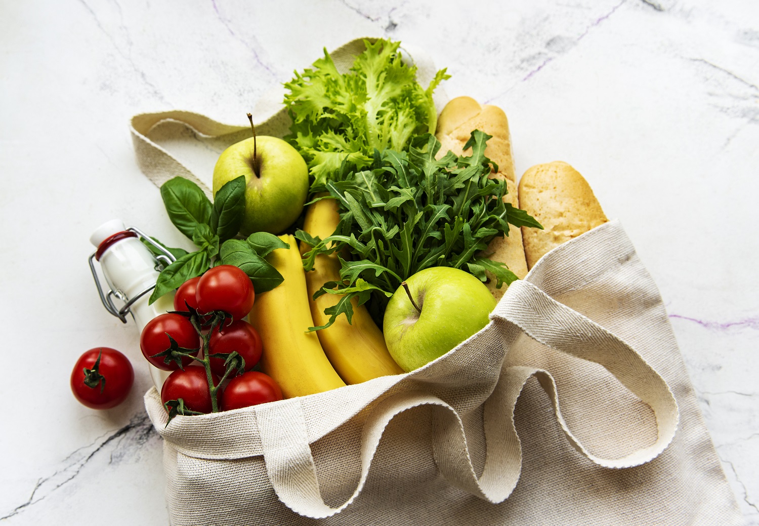 Zero waste food shopping. eco natural bag with fruits and vegeta